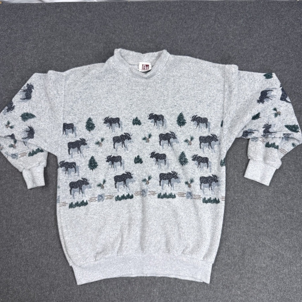 ART Unlimited Sportswear Moose Sweater Womens Medium Gray Cabin Lodge